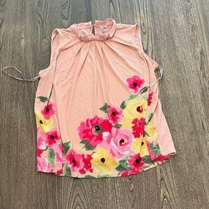Elle Women’s Blouse Top Sleeveless Floral Round Neck Pink Size Large